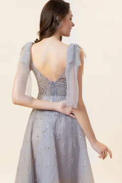 Vestido de Festa Tule Cinza Gola em V