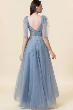 Vestido de Festa Tule Cinza Gola em V