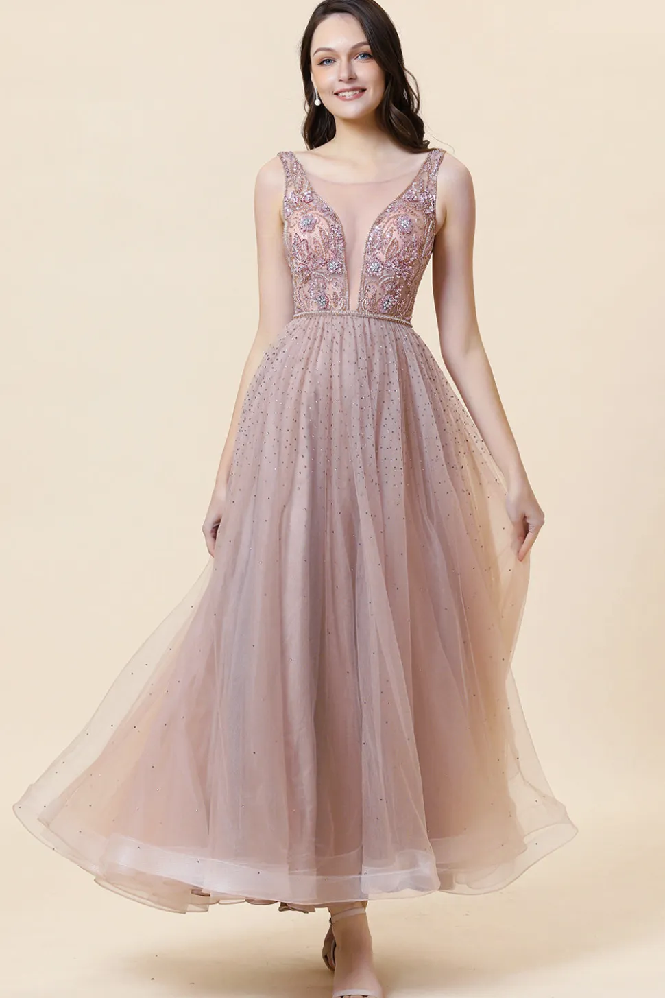 Vestido de Festa Tule Rosa Sem Mangas