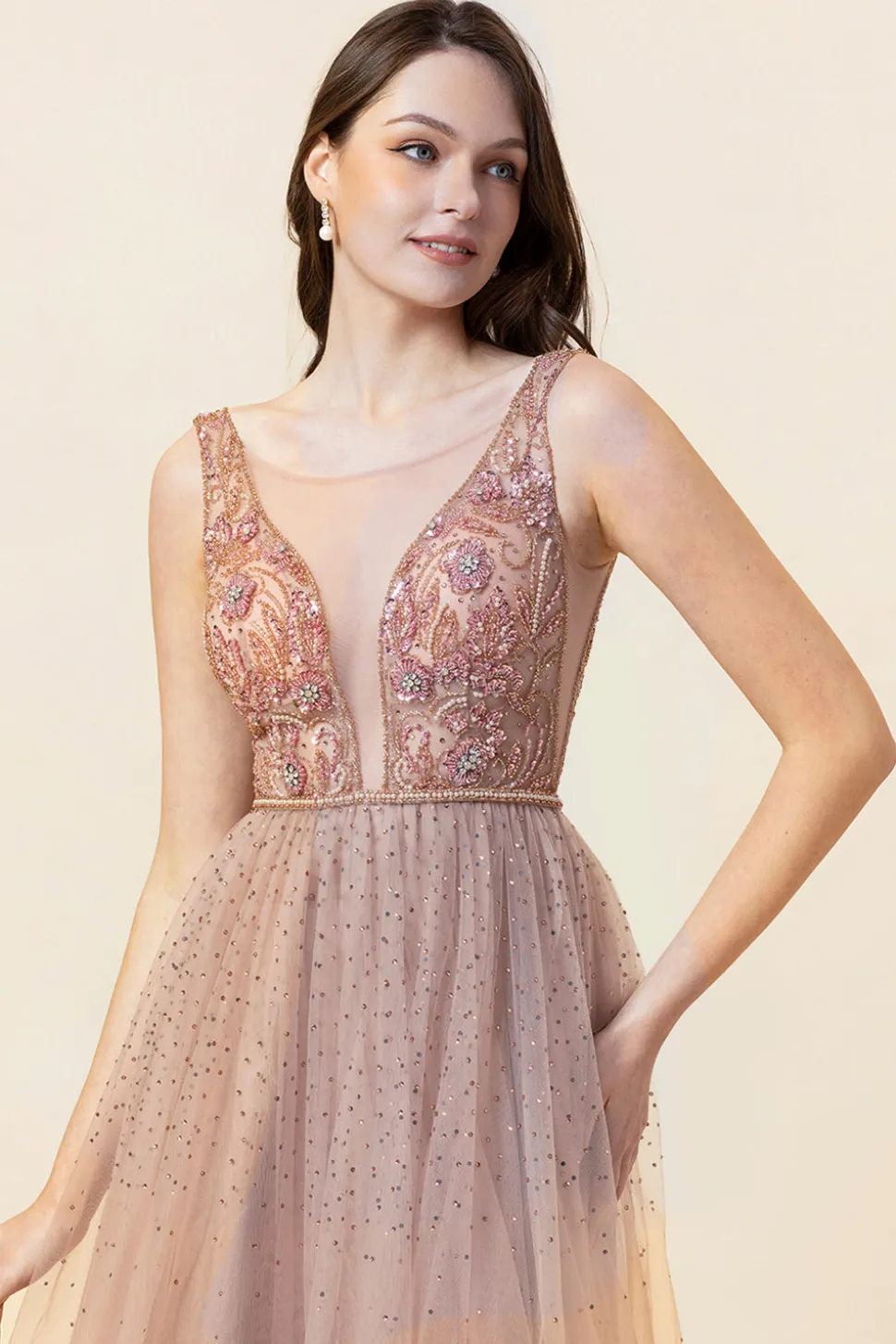 Vestido de Festa Tule Rosa Sem Mangas