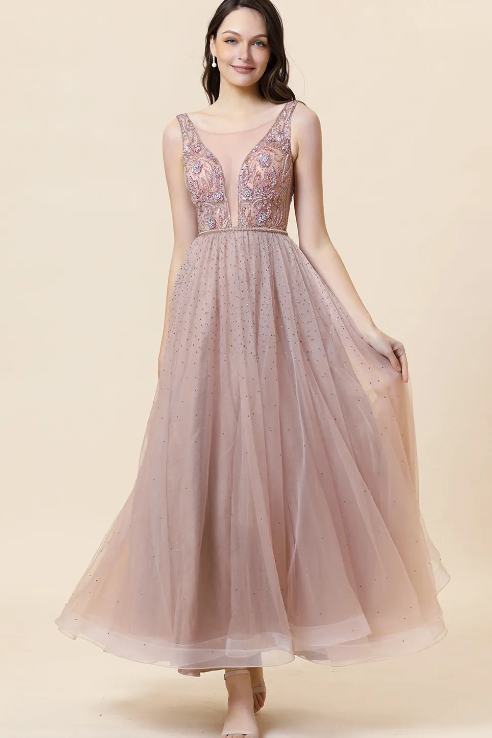 Vestido de Festa Tule Rosa Sem Mangas