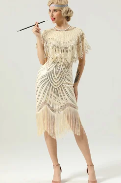 Vestido de flapper com franja de lantejoulas em ouro