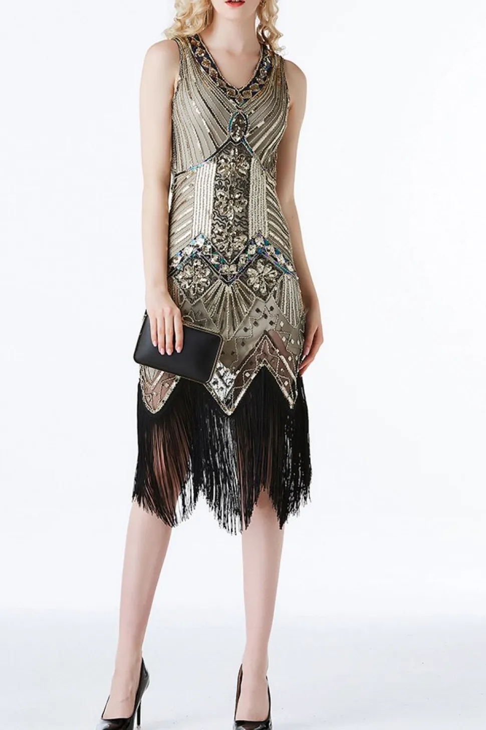 Vestido de Flapper da franja do brilho do ouro 1920