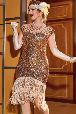 Vestido de flapper de lantejoulas cor-de-rosa Gatsby 1920