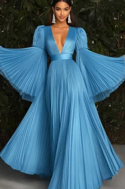 Vestido de Gala Blue Plissado Deeep V-Neck com mangas compridas