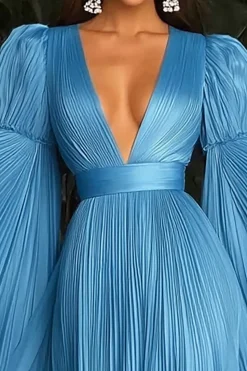 Vestido de Gala Blue Plissado Deeep V-Neck com mangas compridas