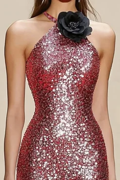 Vestido de Gala de Sereia de Halter Vermelho Brilhante com Flores 3D