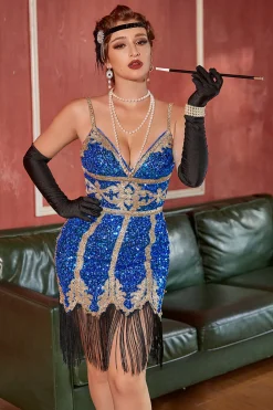 Vestido de Gatsby Gatsby 1920 azul real com franjas