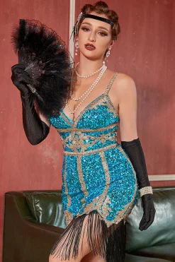 Vestido de Gatsby Gatsby 1920 azul real com franjas