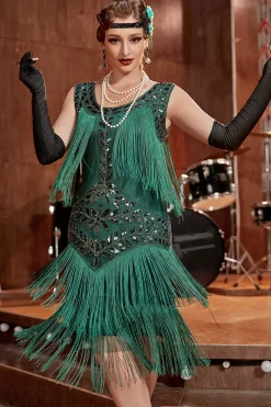 Vestido de Gatsby Verde Escuro Lantejoulas Franjas