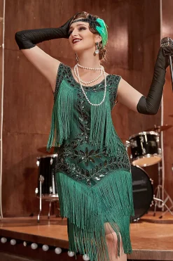 Vestido de Gatsby Verde Escuro Lantejoulas Franjas
