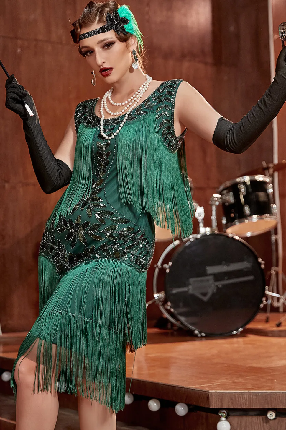 Vestido de Gatsby Verde Escuro Lantejoulas Franjas