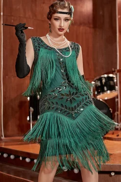Vestido de Gatsby Verde Escuro Lantejoulas Franjas