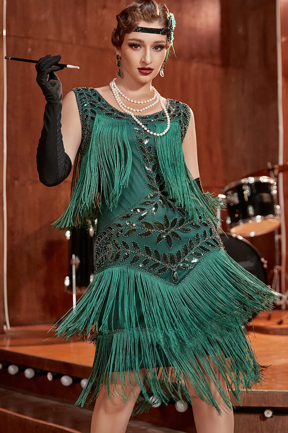 Vestido de Gatsby Verde Escuro Lantejoulas Franjas