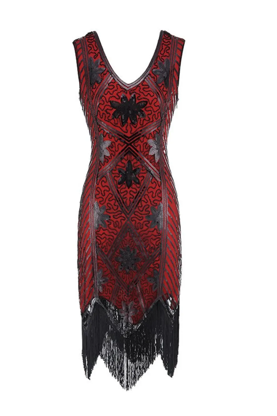 Vestido de lantejoulas vermelhas com decote em v