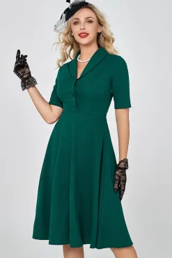 Vestido de manga curta verde escuro vintage dos anos 50 com buttom
