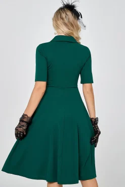 Vestido de manga curta verde escuro vintage dos anos 50 com buttom