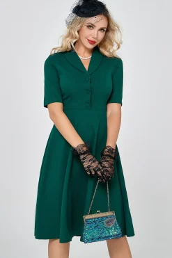 Vestido de manga curta verde escuro vintage dos anos 50 com buttom