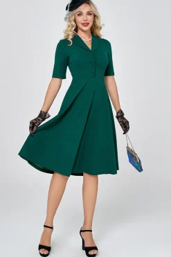 Vestido de manga curta verde escuro vintage dos anos 50 com buttom