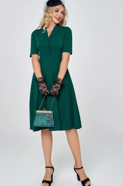Vestido de manga curta verde escuro vintage dos anos 50 com buttom
