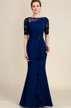 Vestido de Mãe da Noiva com Apliques Azul Marinha