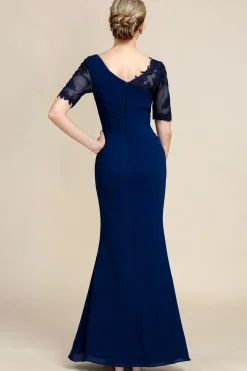 Vestido de Mãe da Noiva com Apliques Azul Marinha