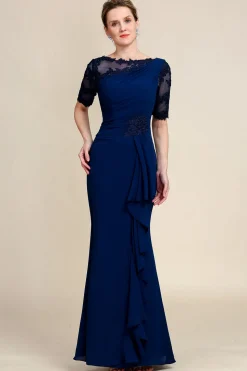 Vestido de Mãe da Noiva com Apliques Azul Marinha