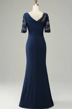 Vestido de Mãe da Noiva com Apliques Azul Marinha