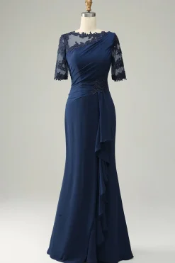 Vestido de Mãe da Noiva com Apliques Azul Marinha