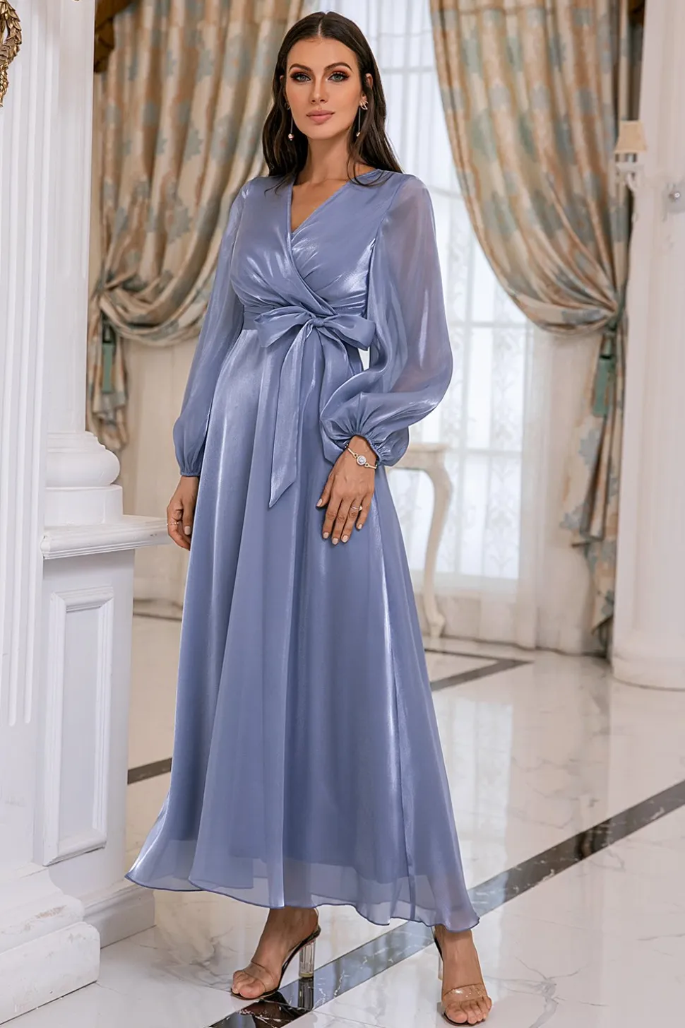 Vestido de mãe de mangas compridas azuis