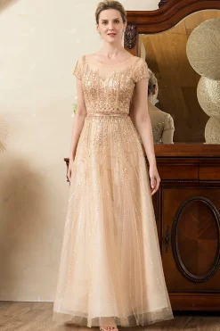 Vestido de Mãe de Noiva Ouro A-Line