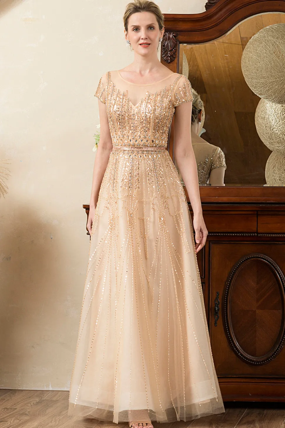 Vestido de Mãe de Noiva Ouro A-Line