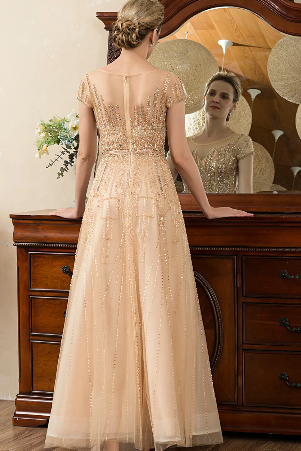 Vestido de Mãe de Noiva Ouro A-Line