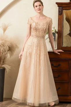 Vestido de Mãe de Noiva Ouro A-Line