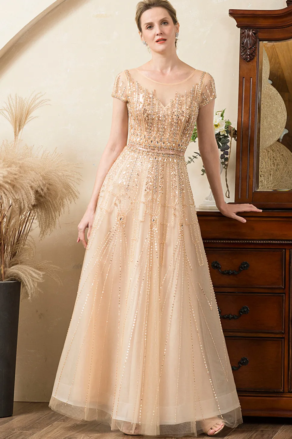 Vestido de Mãe de Noiva Ouro A-Line