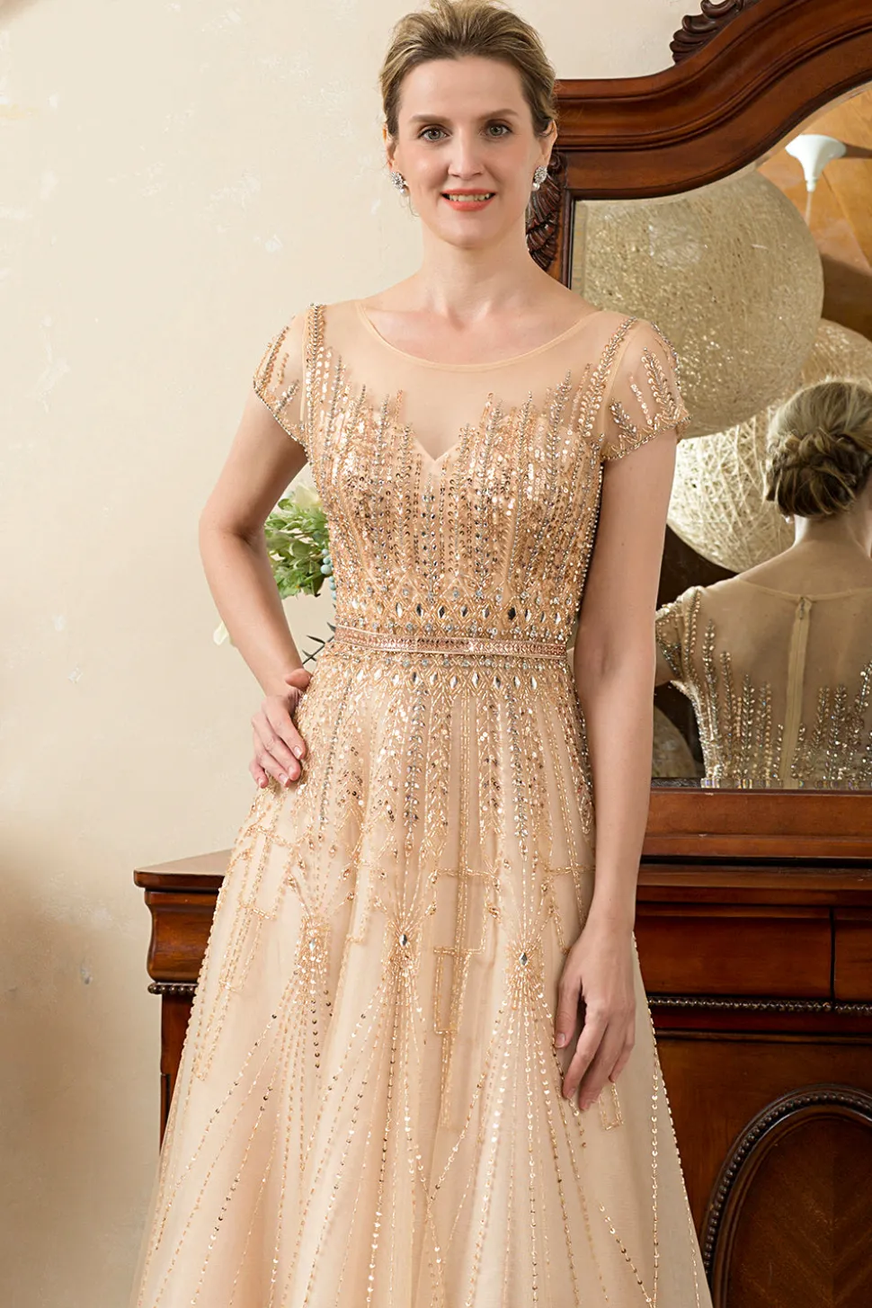Vestido de Mãe de Noiva Ouro A-Line