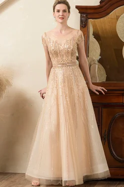 Vestido de Mãe de Noiva Ouro A-Line