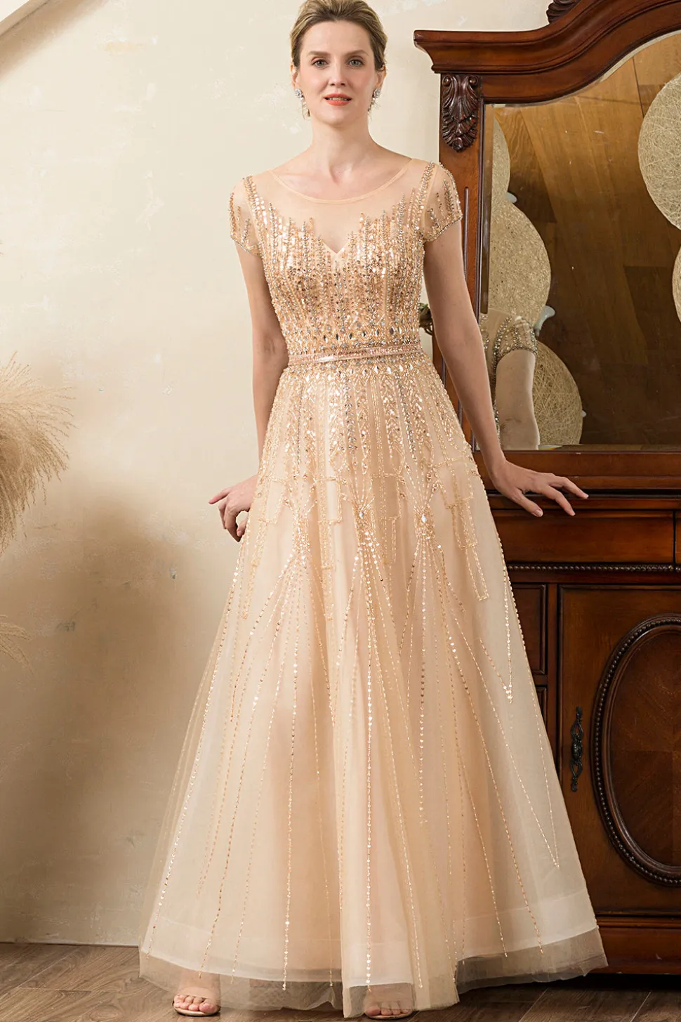 Vestido de Mãe de Noiva Ouro A-Line
