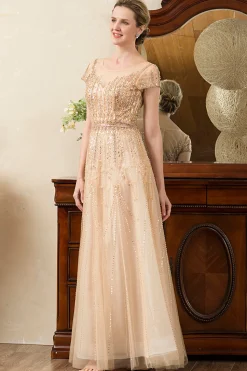 Vestido de Mãe de Noiva Ouro A-Line