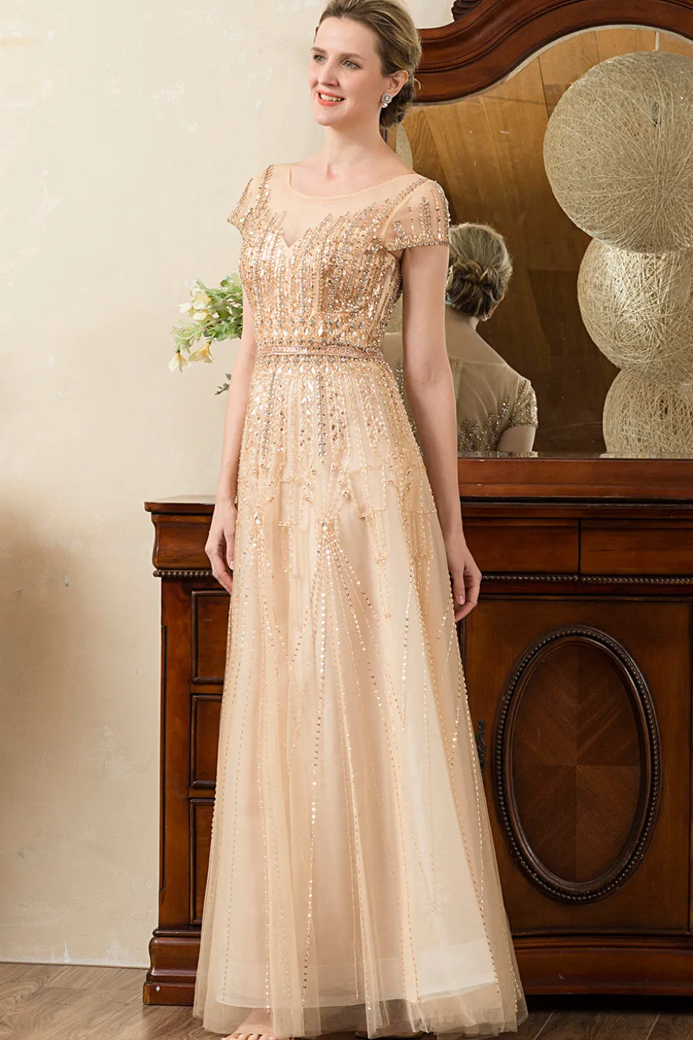 Vestido de Mãe de Noiva Ouro A-Line