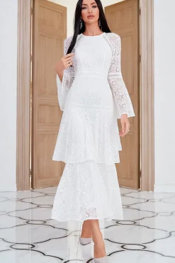 Vestido de mãe de renda branca de joia com mangas queimadas