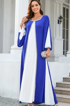 Vestido de mãe patchwork azul e branco
