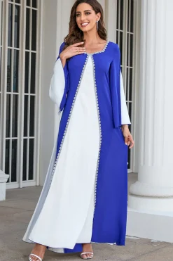 Vestido de mãe patchwork azul e branco