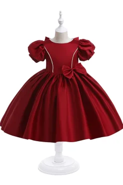 Vestido de menina de cetim Borgonha com arco