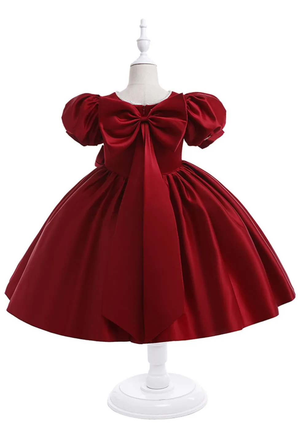 Vestido de menina de cetim Borgonha com arco