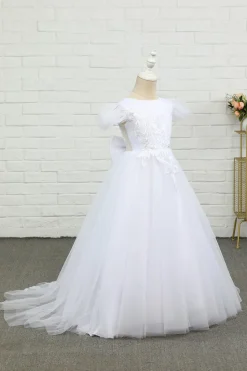 Vestido de menina de flor de chão de tulle branco