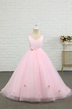 Vestido de menina de flor de comprimento do chão rosa