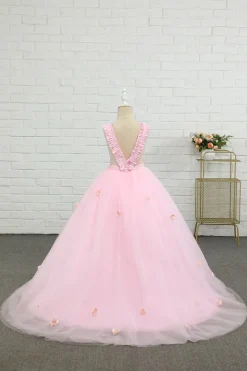 Vestido de menina de flor de comprimento do chão rosa