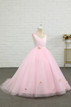 Vestido de menina de flor de comprimento do chão rosa