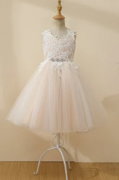 Vestido de menina de flor de tule de champanhe de champanhe